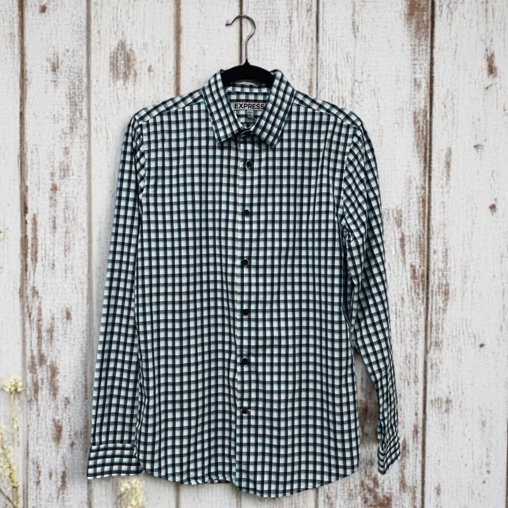 Express Fitted Checkered Button Down Shirt Mens Small Blue‎ White Workwear